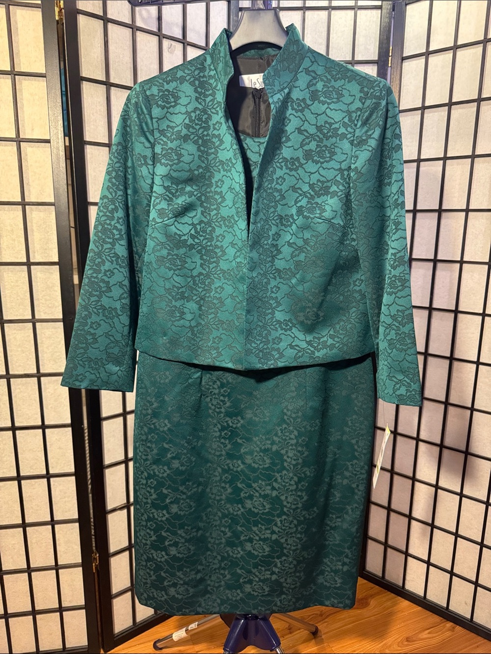Le Suit Teal Lace Jacquard Pencil Dress Set - Deep Teal